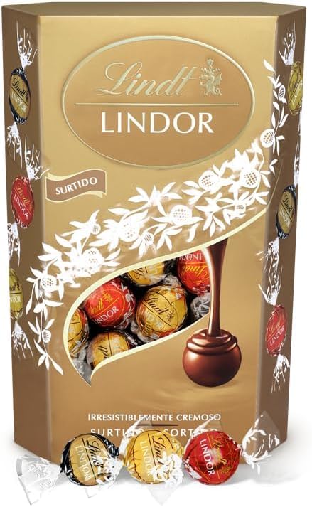 bombones LINDOR SURTIDO CORNET incluye bombones chocolate negro al 70% de cacao, chocolate con leche, chocolate negro, delicioso bombón con interior de chocolate cremoso, 337g