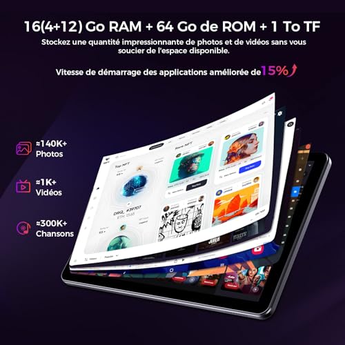 RebotAi 2026 Tablette 10 Pouces Android 16 avec Gemini AI, 16Go RAM + 64Go ROM + 1To TF, Widevine L1/WiFi 6/BT 5.2/5000mAh/Identification Faciale Tablette Tactile