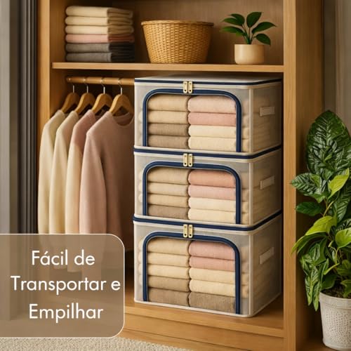 Caixa Organizadora Impermeavel Premium Organizador de Roupas Cobertas Edredons com Ziper Duplo 24, 66 e 100 Litros, Dobravel Empilhavel Estrutura Reforcada Transparente Closet Guarda Roupas 100 Litros