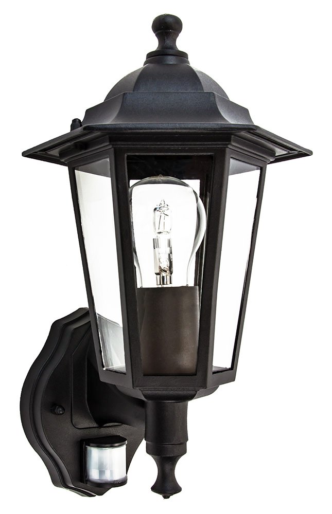 Happy Homewares Traditional Sensor Controlled Outdoor Lantern Wall Light Fitting in Matt Black