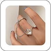 Andelaisi Boho Crystal Chain Finger Link Rings Vintage CZ Square Wrap Open Rings Silver Rhinestone Link Chain Rings Square Adjustable Stacking Rings Jewelry for Women