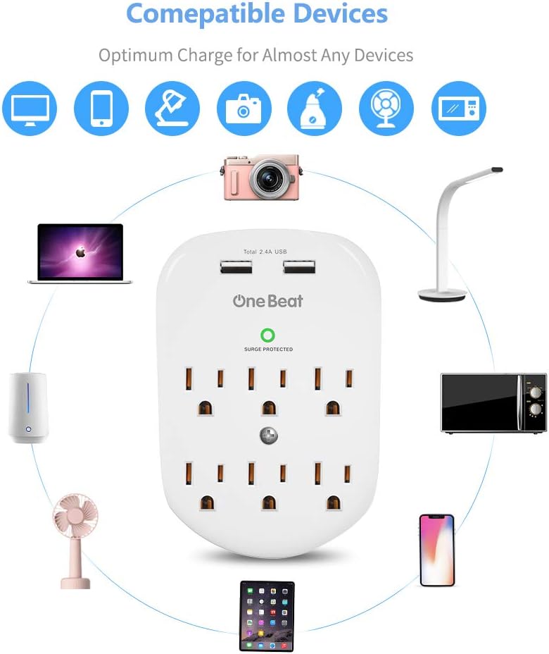 6-Outlet Surge Protector, Wall Outlet Extender Multi Plug Outlet Wall Adapter with 2 USB Charging Ports 2.4 A, 490 Joules, ETL UL Listed for Home, School, Office, White: Electronics