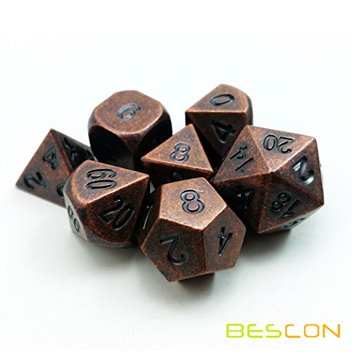 Bescon Antique Copper Solid Metal Polyhedral D&D Dice Set of 7 Old Copper Metal RPG Role Playing Game Dice 7pcs Set