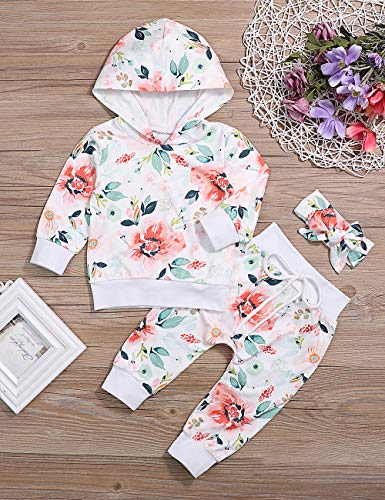 Toddler Baby Girl Clothes Long Sleeve Floral Hoodie Sweatshirt Tops Flowers Pants with Headband Infant Outfits Set(12-18M) Yellow