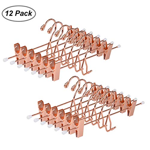 Amber Home Add-On Shiny Rose Copper Gold Metal Clothes Pant Skirt Slack Hangers Clothing Hangers with 2-Adjustable Clips (12 Pack)