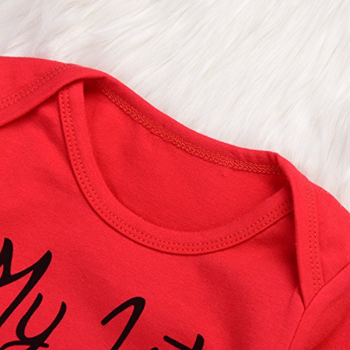 4Pcs Christmas Baby Boy Girls Long Sleeve Snow Romper Bodysuit+Arrow Pant+Hat+Headband Clothes (6-12Months, Red&White)