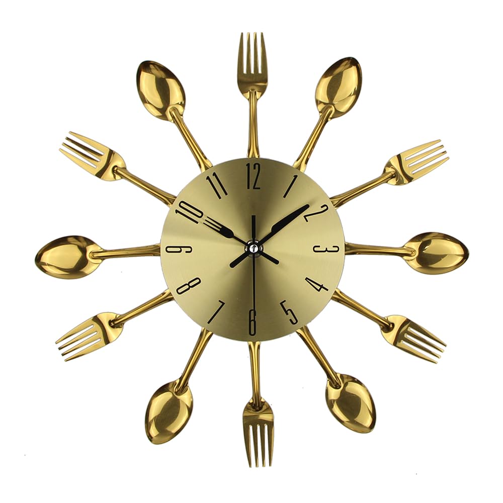 Timelike 3D Removable Modern Creative Cutlery Kitchen Spoon Fork Wall Clock Mirror Wall Decal Wall Sticker Room Home Decoration (Gold)