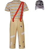 MelangCos El Chavo Costume Men's Chavo Cosplay Striped T-Shirt Suspender Pants Hat Outfit Halloween Dress Up Set