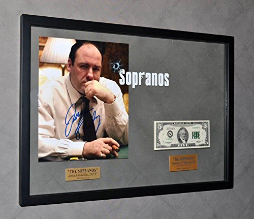 SOPRANOS Signed JAMES GANDOLFINI Autograph, PROP “Bada Bing” Glass, screen-used $5 Bill, COA, Frame, DVD
