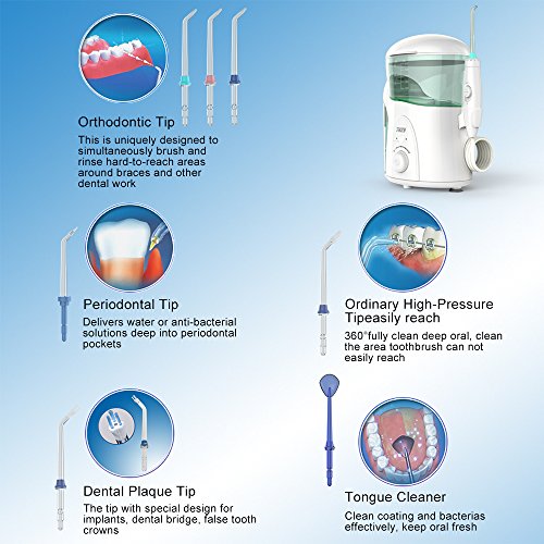 THZY Water Flosser Professional Electric Dental Countertop Oral Irrigator 600 Milliliter Capacity with 7 multifunctional Tips for Braces, Bridges, Dental Care, FC-288 White
