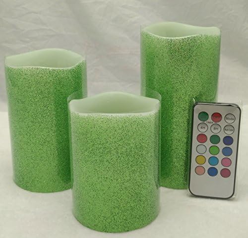 Green Flameless Led Candle Adoria Real Wax Sparkle glitter Battery candle Set of 3 ,Tall 4",5",6inch