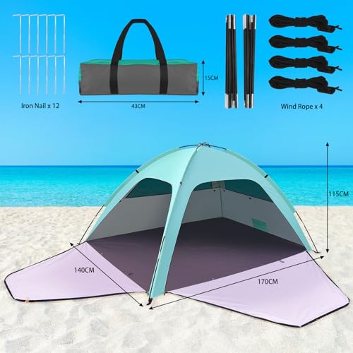 Beach Tent, UV Protection 80+ Beach Tent with 2 Zipped Doors and 2 Mesh Windows Anti UV Tent for Family, Carry Bag, Beach Shelter