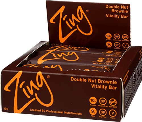 Zing Nutrition Bar, Double Nut Brownie, (Pack of 12), Non-GMO Snack Bar for Optimum Energy, Gluten & Soy Free, Vegan, Plant-Based Protein