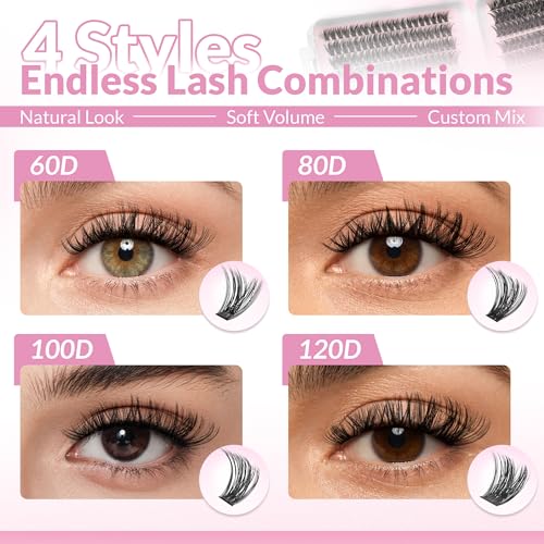 BEPHOLAN Cluster Lashes Kit 608Pcs Lash Book with Glue and Remover and Lash Tweezer Individual EyeLashes D Curl Eyelash Extensions for DIY Eye Lashes Clusters at Home 8-16mm (60D+80D+100D+120D)