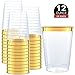 Gold Plastic Clear Cups ~12 oz. 50 Pack ~ Disposable Party Cups with Gold Rim ~ Fancy Wedding Tumblers ~ Elegant Party Supplies & Decorations ~ Gold Rimmed Cups