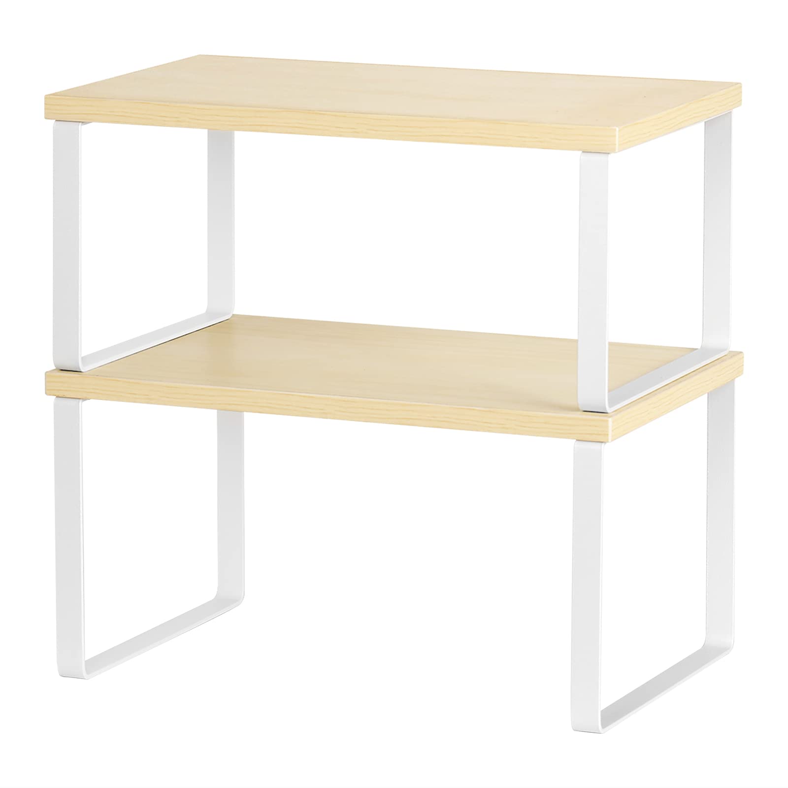 CADUKE Set of 2 Cabinet Kitchen Shelves Stackable Countertop Shelf and Expandable Wood Cabinet Organizer Shelves for Bathroom Study Room, Natural Wooden Top & White Metal Frame