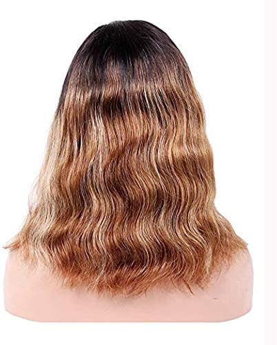Moresoo 14 Inch Lace Front Wig Pre Plucked Color #1B Off Black Fading to #6 Medium Brown and #18 Ash Blonde Balayage Wigs for Women 130% Density Lace Front Wig Human Hair BoB