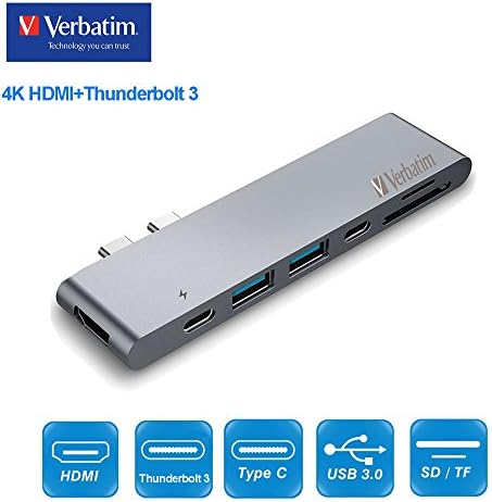 Verbatim Thunderbolt 3 USB-C HDMI Hub Adapter,Aluminum Type-C Hub for 2016/2017 MacBook Pro 13”15”,Fastest 40Gbs,4K HDMI Video Output,Pass-Through Charging,2 USB 3.0 Ports,SD/Micro Card Reader