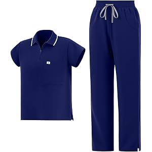 Dvoliaw Scrubs for Women Set, Polo Zip Scrub Top & Straight Leg Cut Pant | 9-Pocket Breathable Soft Scrub Set, Drawstring Yog