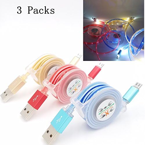 QKILL 3 Packs! Random Color 3.3ft Glow in the Dark Micro usb Cable Led Android Charging Cable Retractable Android Charging Cable Glowing Micro Usb Cable for Samsung Galaxy S7 S6 S7 Edge ,Htc,Lg,Sony