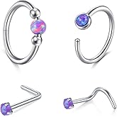 AVYRING Opal Nose Rings Hoops Set - 18g & 20g Nose Piercing Jewelry Surgical Steel Silver Nose Studs L Shaped Screw White Opal