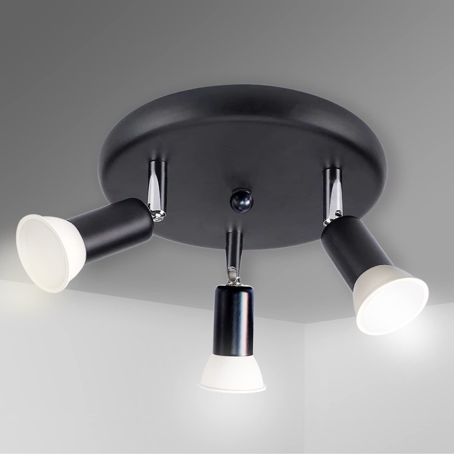 Sweier LED Ceiling Light GU10, 5W Rotatable 3 Way Black Spotlight 6000k Cool White for Kitchen, Living Room