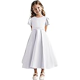 MCieloLuna Cute Toddler Flower Girl Dress Glossy Satin First Communion Dresses O Neck Short Sleeve Princess Long Gown