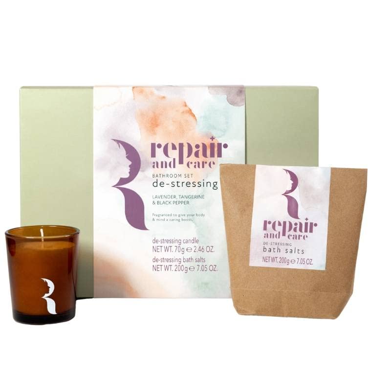 Repair and Care De-stressing Bathroom Set Candle 70g & Bath Salts 200g