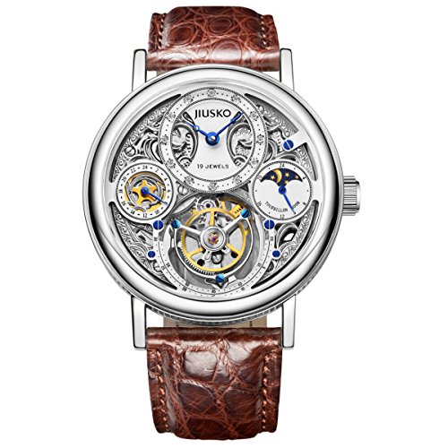 Jiusko Diamond - Men's Mechanical Tourbillon Luxury Skeleton Dress Watch - Sapphire - Genuine Alligator Brown Leather Strap