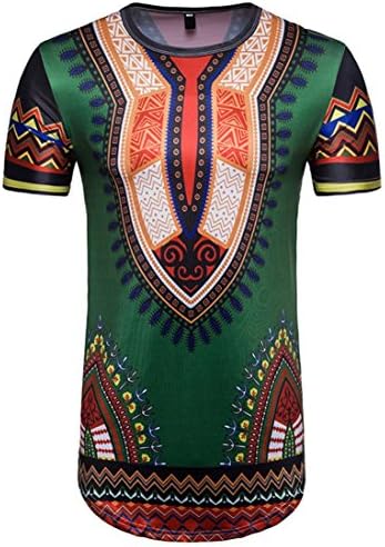 Yuelove Men's Spring Summer Casual Comfortable African Traditional Printed O-Line Pullover Short Sleeve T-Shirt Top Shirt Fashion Slim Short Sleeve Top Ethnic Style Clothing (Green, XL)