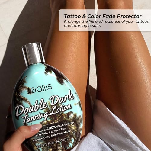 Double Dark Tanning Lotion Accelerator for Outdoor Sun Tan & Indoor Tanning Beds with Bronzer to Get Dark Fast Tan, Bronzing Tanning Lotion w/Tattoo Protecting Formula, DHA Free, tanning lait,lotion de bronzage,creme for tanning bed, sans DHA,13.5oz