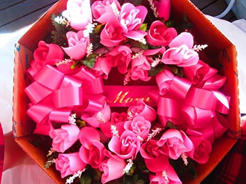 18" Wreath plastic &amp; styrofoam frame Pink Silk Roses Mom on Ribbon or Purple/ Yellow Orange roses In Loving Memory on Ribbon on ribbon OR RED WHITE BLUE DAD ON RIBBON