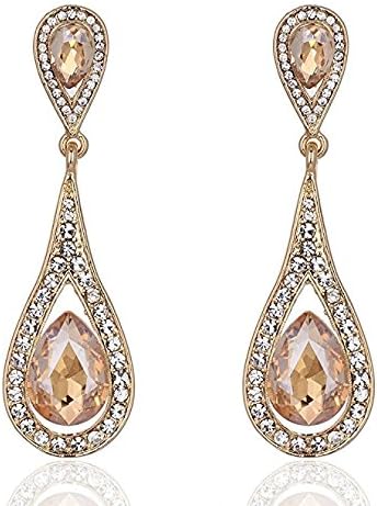 Wedding Clear&amp;Champagne Teardrop Clear Dangle Earrings Golden Earrrings