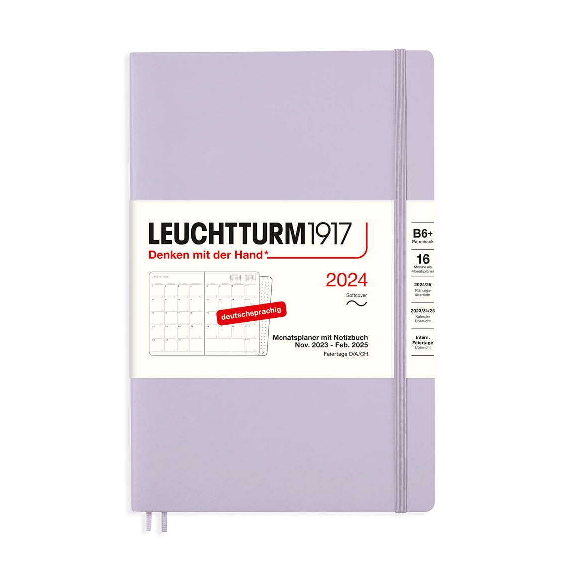 LEUCHTTURM1917 367574 Monthly Planner & Notebook Paperback (B6+) 2024, 16 Months, Soft Cover, Lilac, German