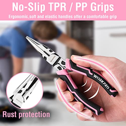WORKPRO 4-Piece Pliers Set, Premium CR-V Construction Pliers Tool Sets Including Long Nose, Diagonal Cutting, Groove Joint and Slip Joint Pliers(Pink Ribbon)