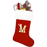 COSOKUU Large Christmas Stockings Monogram Christmas Stocking with Letter Red Velvet Stockings for Christmas Decor Personalized Name Letter (Letter M)