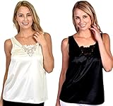 Patricia Lingerie Women's Soft Anti-Cling Lace Detail Scoop Neck Camisole (2 Pack Black/Ivory, 1X)