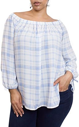 No Comment Womens Plus Size Elastic Neck Off Shoulder Tie Sleeve Shirttail Hem Top, Provence/White Shoreline Plaid, Size 3X