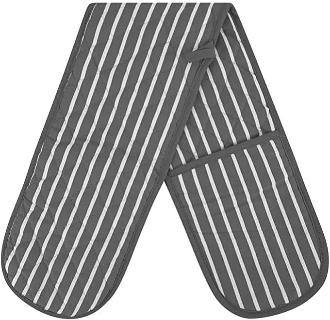 MOLLY MALOU Butcher Stripe Double Oven Gloves Quilted Heavy Duty Cooking Potholder Heat Resistant Mitt 18x90cm (Grey)