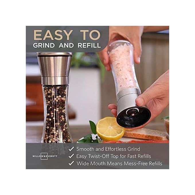 Salt and Pepper Grinder Set with Matching Stand Stainless Steel Salt