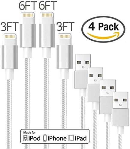[4-Pack] Extra Long Heavy Duty 6 Feet/ 2 Meters &amp; 3 Feet/ 1 Meters Nylon Braided Sync and Charge Lightning to USB Cable (Silver)