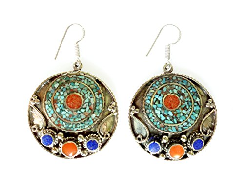 Turquoise coral and lapis lazuli gemstone chip inlay authentic handmade fine work Tibetan earrings for women gypsy tribal ethnic fashion earrings oxidized silver designer earrings by artisan