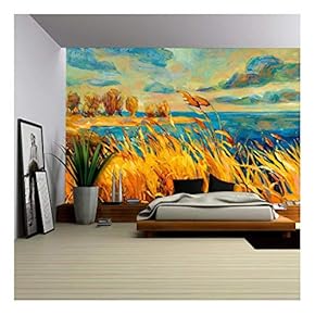 Original Oil Painting Showing Beautiful Lake,Sunset Landscape.Fern(Rush),Sky and Clouds - Removable Wall Mural | Self-Adhesive Large Wallpaper - 66x96 inches