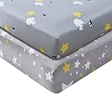 100% Cotton Crib Sheets Top Quality Nursery Bedding for Boy 2 Pack Soft Baby Shower Gift in Gray with Elephant Dog and Yellow Stars