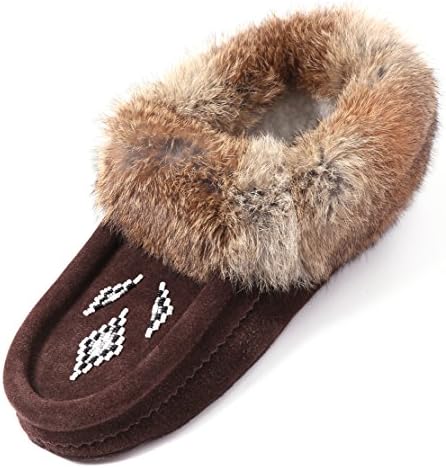 Women Moccasins Indoor Slippers of Soft Sole Fleece Lined Rabbit Fur Trim