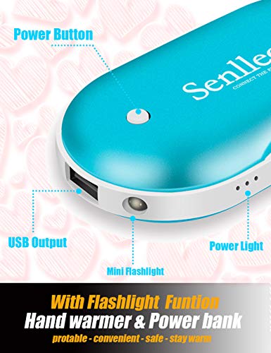 Senlleo Hand Warmer, Rechargeable Hand Warmer : 5200mAh Battery Hand Warmer/Powerbank with Mini Flashlight Function, Double-Sided Warmer Winter Gift for Girl/Man/Woman(Blue)