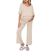 Tankaneo Womens Maternity Pajamas 2 Piece Lounge Set Soft Short Sleeve V Neck T-shirt Cropped Pants Pregnancy Loungewear