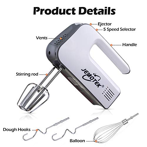 JEMOTEK Hand Mixer, 400W Hand Mixer Electric 5Speed Handheld Mixer