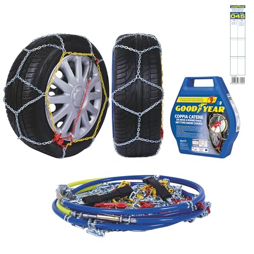 Goodyear Catene da Neve G9, Catene Neve 9 mm, Catene Auto Omologate TUV e GS Onorm, Misura 045, Tabella Applicativa per Misure Pneumatici