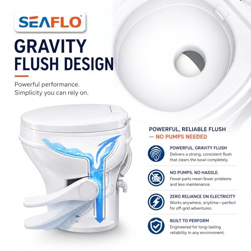 SEAFLO RV Toilet with Sprayer Attachment - White, 18.4” Residential Height, Gravity Flush Foot Pedal Camper Toilet Soft Close Seat Elongated Bowl Motorhome, 4-Year Warranty, SFRTPH-01-02